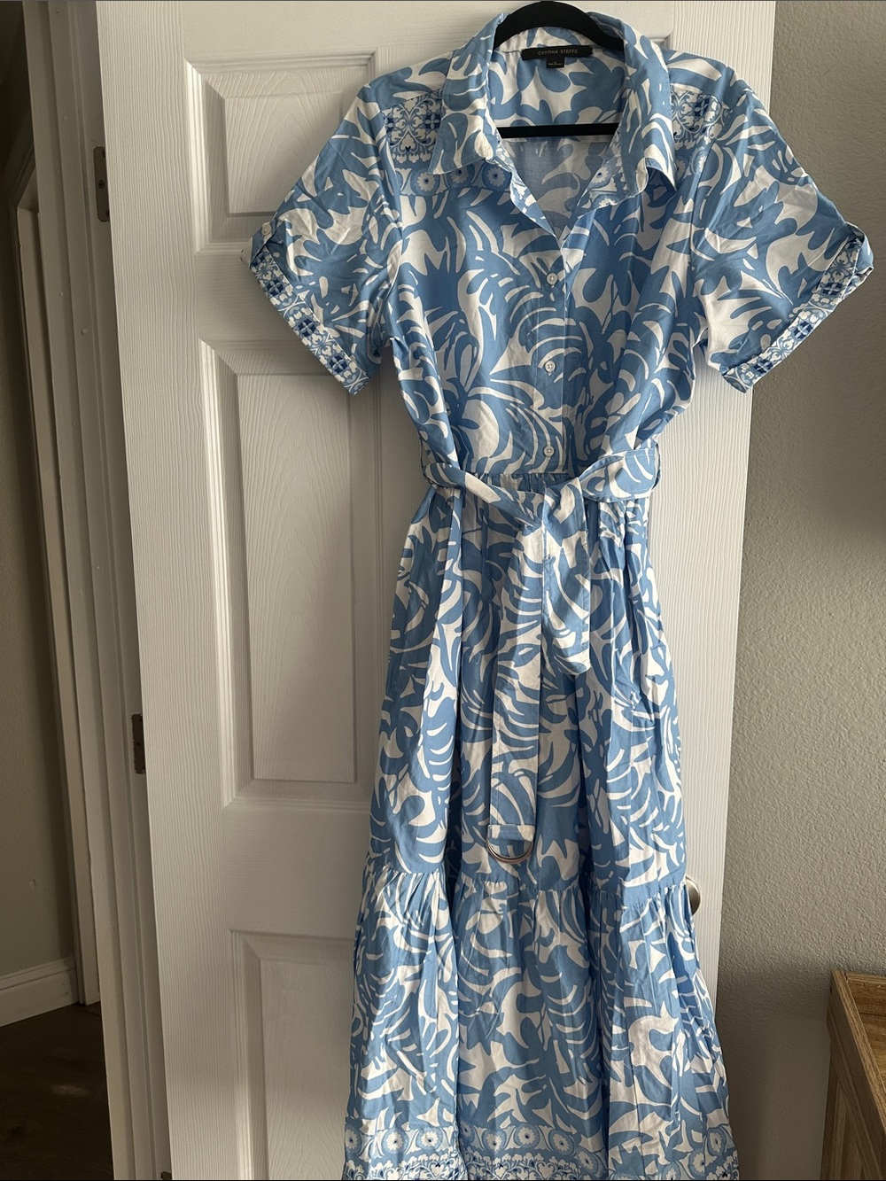 Cynthia Steffe Blue and White Floral-Print Maxi Shirt Dress with Belt - Picture 4 of 4